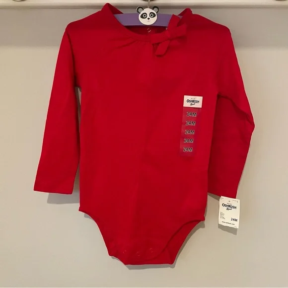 NWT OshKosh B'gosh Vibrant Red Long Sleeve Onesie with Bow Accent Snap Closure