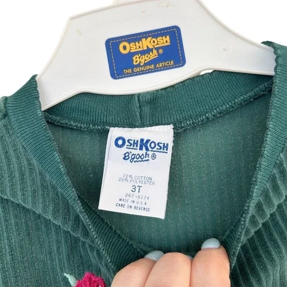 VTG 90s Y2K OshKosh B'gosh 3T Green Corduroy Velour Embroidered Roses USA Made