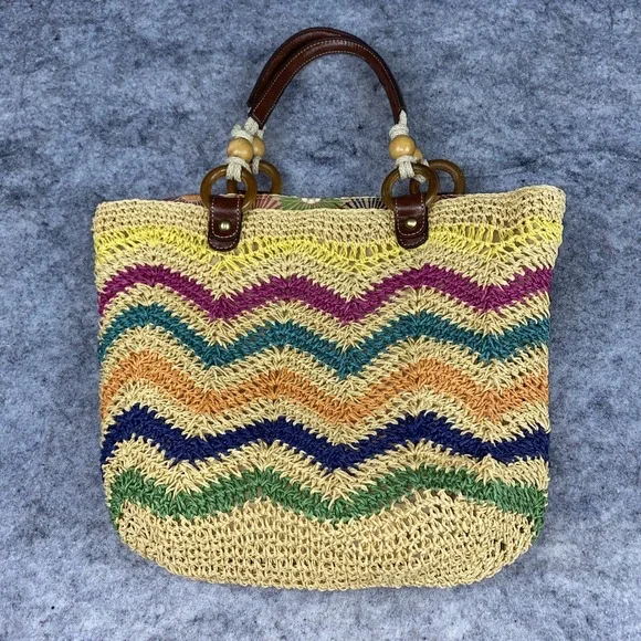 FOSSIL Long Live Vintage Woven Raffia Straw Canvas Leather Tote Shoulder‎ Bag