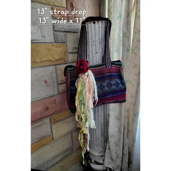 Unique embellished boho hippy purse vibrant colors and lace strands