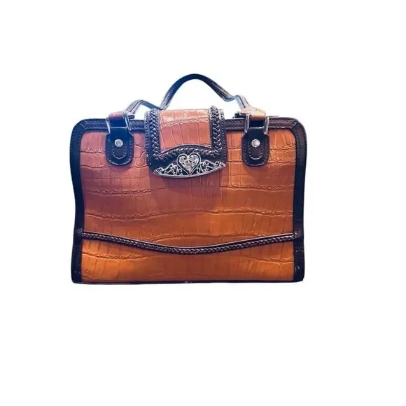 M.C. Western Brown Croc Embossed Handbag Satchel Tooled Detail