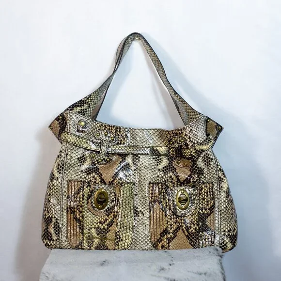 Jessica Simpson Snakeskin Faux Leather Tote Shoulder Bag Purse Brass Brown Large