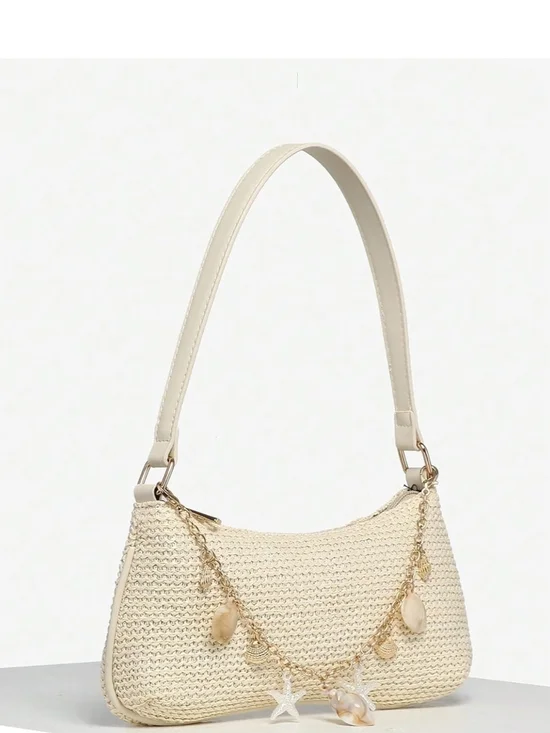 Cream Boho Seashell Beaded Straw Shoulder Bag