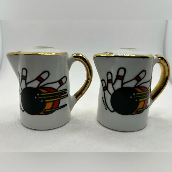 Vintage Sat & Pepper Shakers Bowling Ceramic White Black Gold Lot Two Taiwan