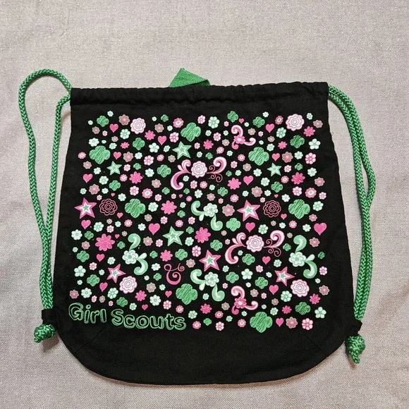Girl Scouts Drawstring Bag Black Canvas Pink Green Floral Stars‎ Print Washable