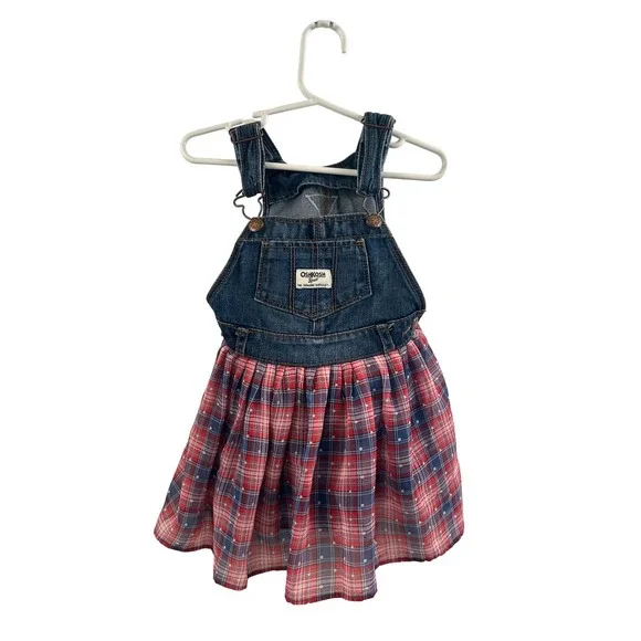 OshKosh B'gosh Overall Dress 24M Blue Red Plaid Denim Bib Skirt Toddler Girl