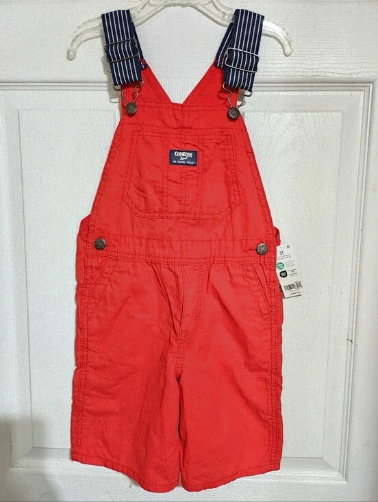 OSHKOSH B'GOSH TODDLER RED NAVY STRIPE STRAP SHORTALLS OVERALLS UNISEX 5T