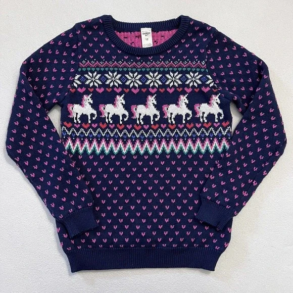 OshKosh B'Gosh Girl Blue PInk Fair Isle Silver Metallic Unicorn Knit Sweater 12