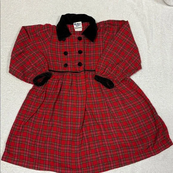 Vintage OshKosh B'gosh Red long sleeve Plaid black velvet trimmed dress girls 5