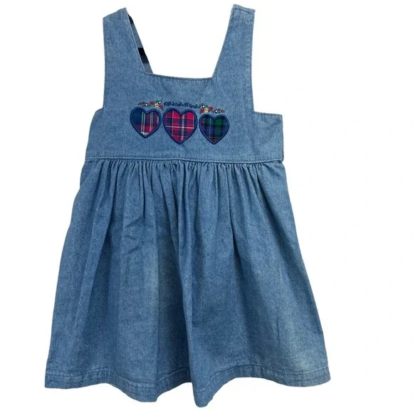 Vintage 90s Oshkosh B'gosh Girls Denim Heart Plaid Pinafore Jumper Dress Size 6