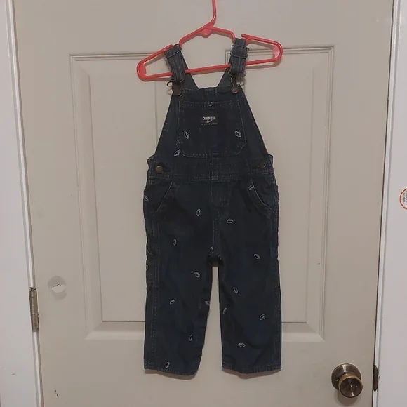 OshKosh B'Gosh Embroidered Football Carpenter Style Denim Bib Overalls Size 24M