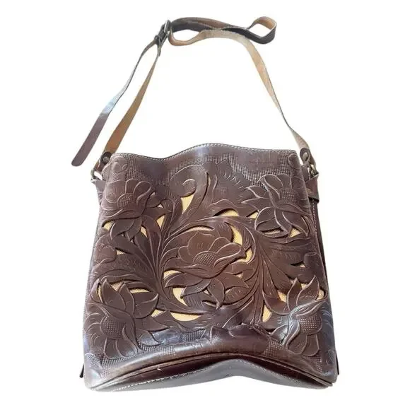 Patricia Nash Lavello Cut Out Tooled Brown Leather‎ Crossbody Bucket Bag