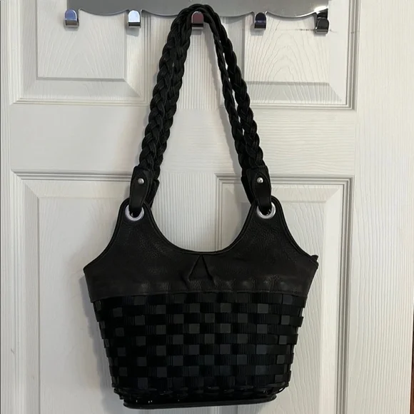 Longaberger Black Leather, Nylon & Wood Basket Weave Purse w/ Silver Tone Trim