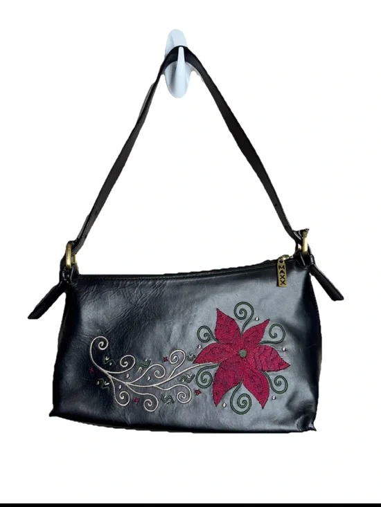 Maxx New York Leather Black Small Shoulder Bag Floral Embroidered Y2K Asymmetric