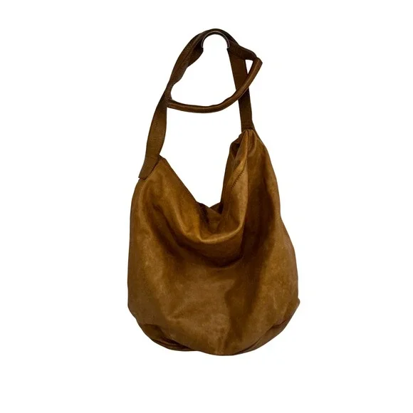 IKKS Brown Leather Hobo Shoulder Bag Large Slouchy Tote Cognac‎ Distressed Y2K