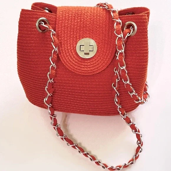 Kim Rogers Orange Woven Paper Straw Shoulder Bag Crossbody Silver Chain Straps