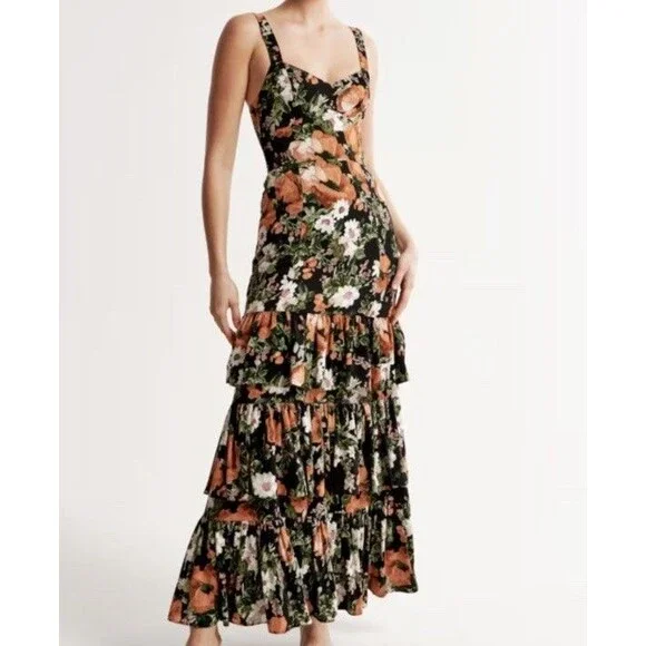 Abercrombie & Fitch Black Floral Ruffled Maxi Dress