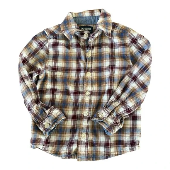 OshKosh B'gosh Flannel Shirt Baby Boys Size 12M Brown Plaid‎ Long Sleeve Woven