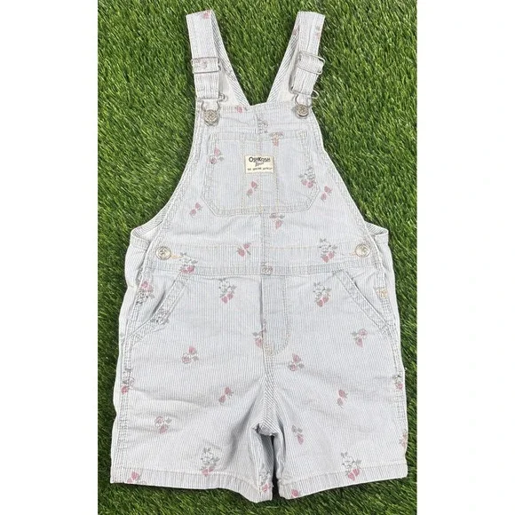Vintage OshKosh B'gosh Vestbak Strawberries Striped Girls Overalls Sz 5T Pockets
