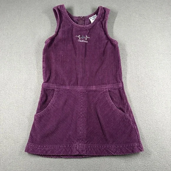 Vtg OshKosh B'gosh Jumper Dress Girls 5 Purple Corduroy Tank Pockets Embroidered