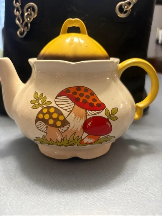 Vintage Mushroom Ceramic Teapot with Yellow Lid and Handle