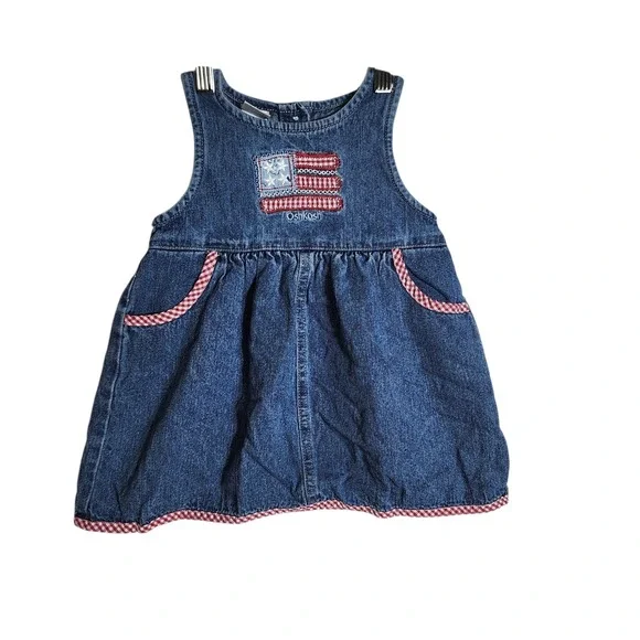 OshKosh B'gosh Baby Girls Blue Denim Americana Flag Gingham Jumper Dress 18M