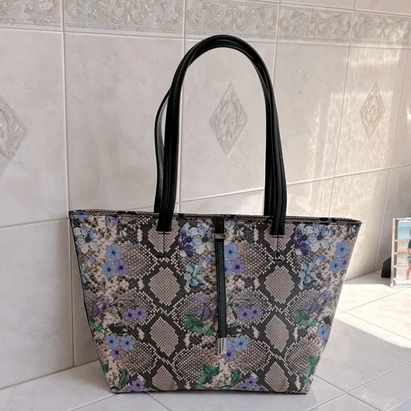 Vince Camuto Leila Large Violet Floral and Snake Print Faux Leather Tote. EUC