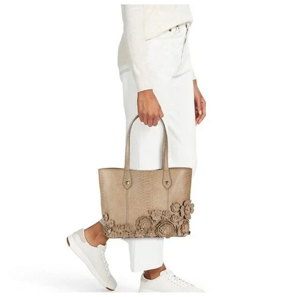 FRYE Melissa Floral Moc-Croc Leather Tote In Natural Tan New