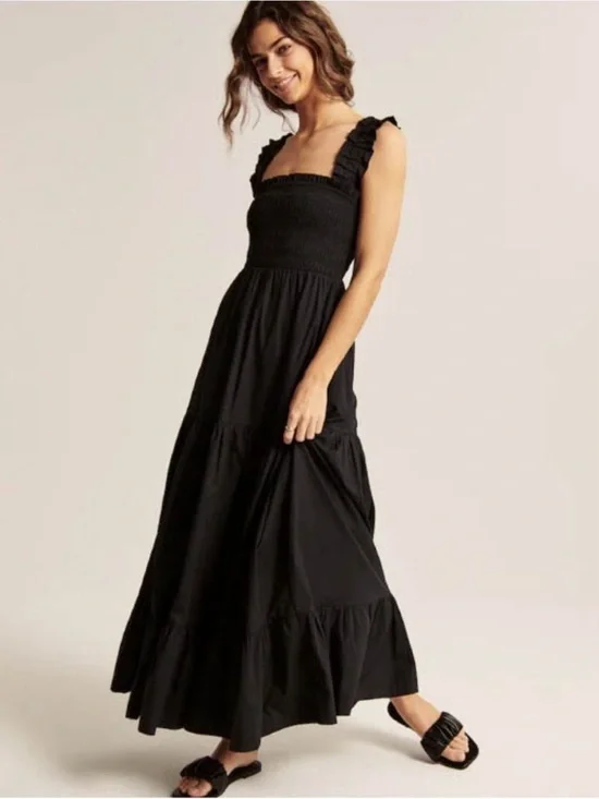 Abercrombie & Fitch Black Smocked Maxi Dress with Ruffle Straps