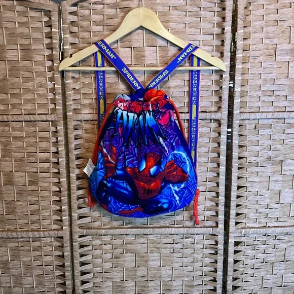 Vintage‎ 2003 Marvel Spider Man Drawstring Backpack Beach Bath Towel Attached