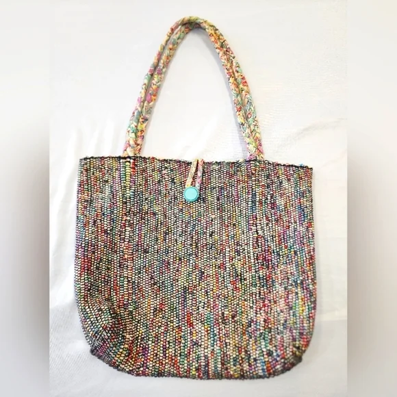 Gina Levesque Womens Multicolor Hand-Woven Fabric Tote Bag Braided Fabric Straps
