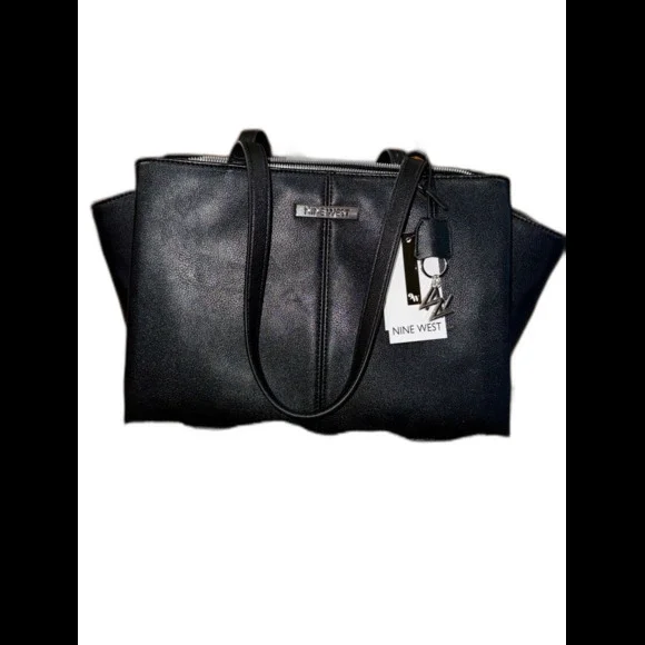 Nine West Black Leather Tote with Logo Charm