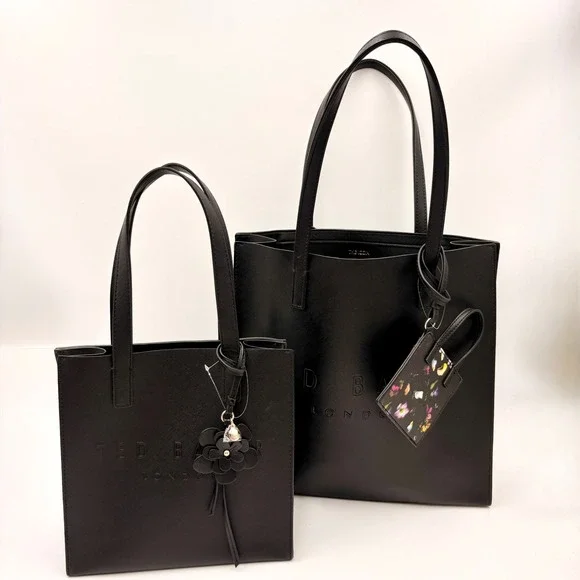 Ted Baker London Black Icon Tote Bag Set‎ Large Shopper Small Tote Flower Charm