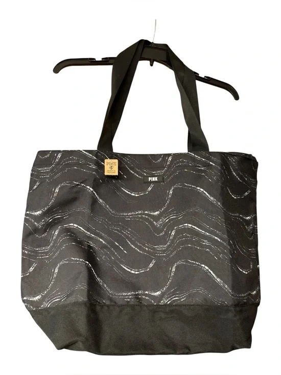 PINK Victoria’s Secret Black Wave Print Tote Bag Large Zip Travel Carryall NWT