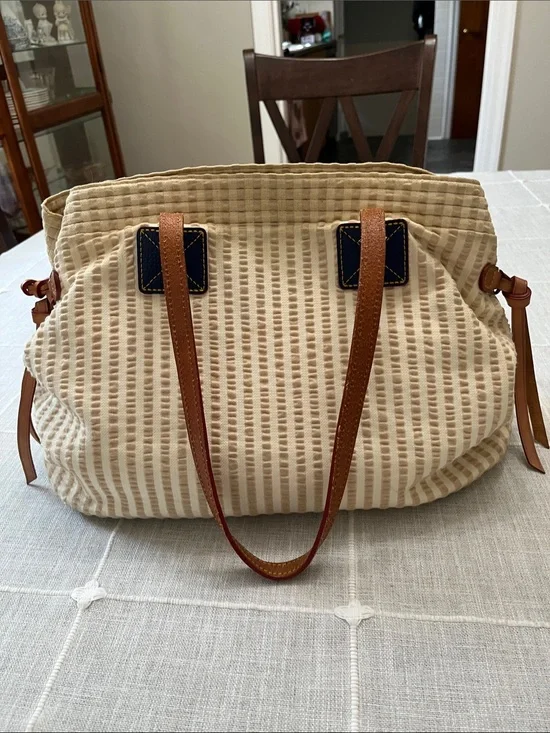 DOONEY&BOURKE VINTAGE Cream Tote with Brown Leather Straps and Navy Accents