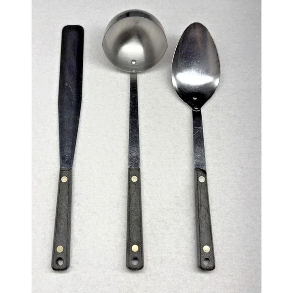 EKCO Stainless Steel Serving Set Black Handle Spoon Ladle Spreader 3 Pc Vintage