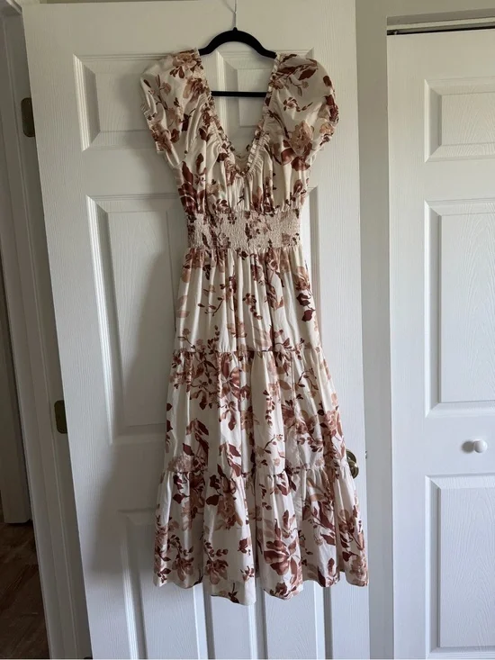 Abercrombie & Fitch Ivory Midi Dress with Brown Floral Print
