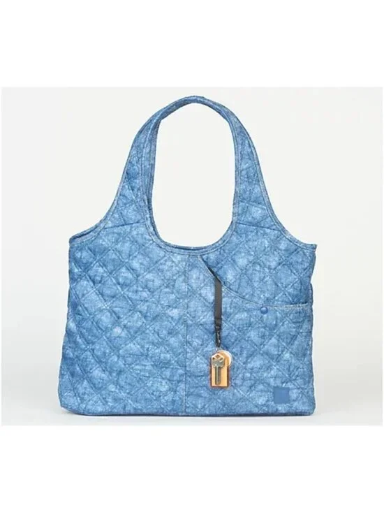 IHKWIP Quilted Everyday Shopper Tote Crossbody Strap Nylon Denim Blue Travel