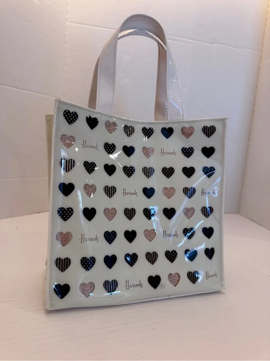 HARROD'S LONDON Signature Vinyl Coated Tote Bag Glitter Hearts Snap Closure