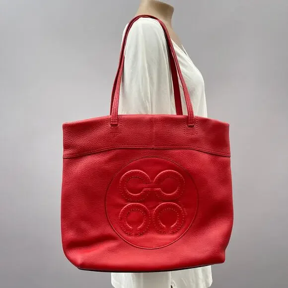 Coach Tote Purse Julia Op Art Perry Red Leather Handbag Large Logo READ Flaw
