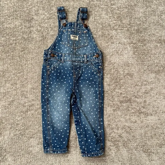 OshKosh B’gosh Toddler 18M Denim Overalls Blue Heart Print Jeans‎ Girls