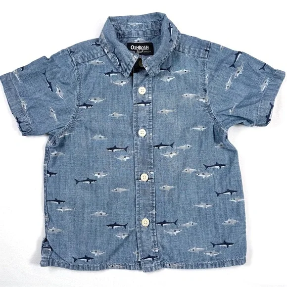 OSHKOSH B'GOSH Baby Boys' Shark‎ Print Chambray Nautical Button Down Size 12M