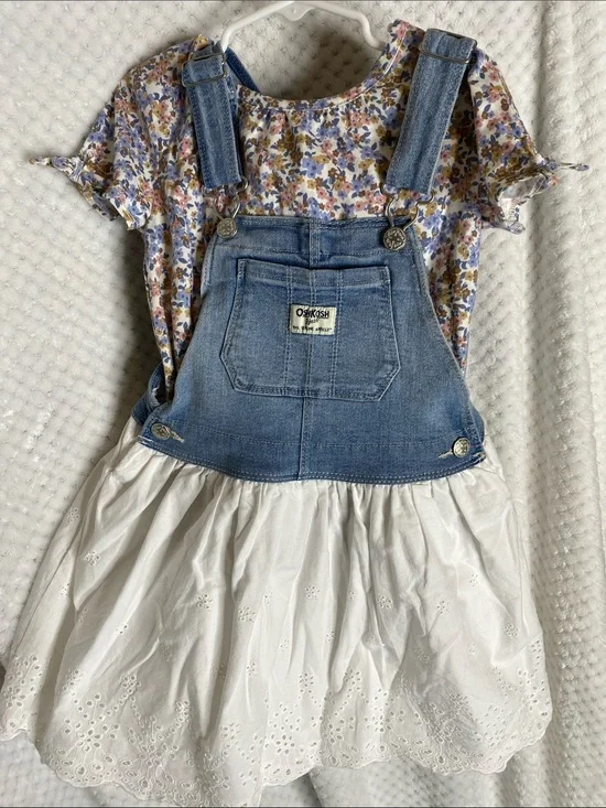 OshKosh B'gosh Denim Overall Jumper Dress with White Eyelet Skirt and Floral Top