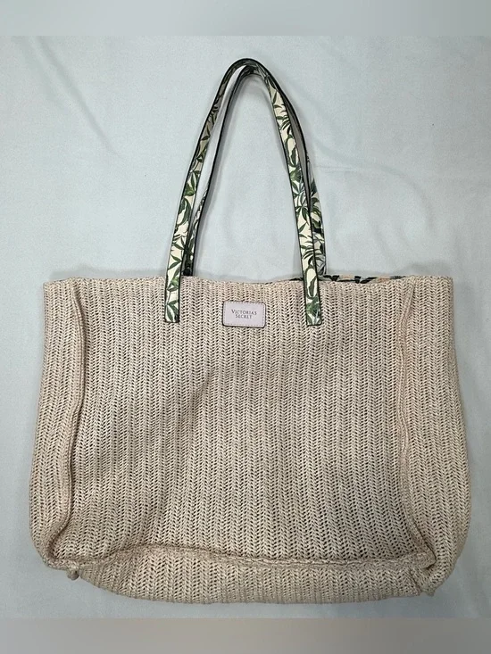 Victoria's Secret Cream Woven Tote with Green Leaf-Print Handles