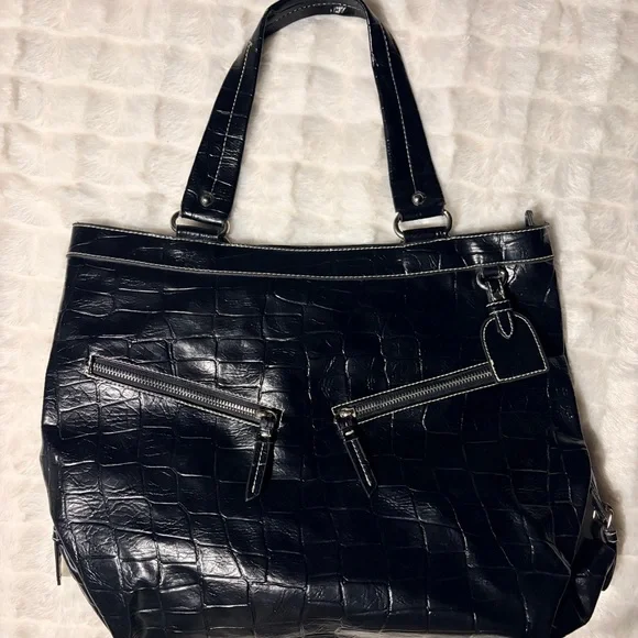 Black Crocodile Embossed Leather Tote Hobo Shoulder Large Handbag Silver Accents