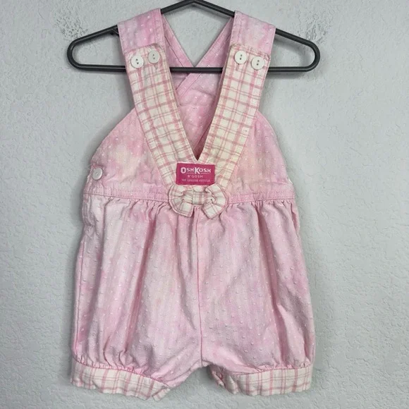 OshKosh B'Gosh Overall Shorts Girls 18M Pink Plaid Boucle VTG Made in USA Romper