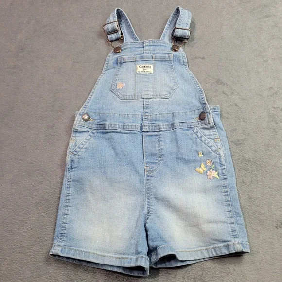 OshKosh Bgosh Girls 4 Blue Denim Butterfly Floral Embroidered Shortalls 2K344510