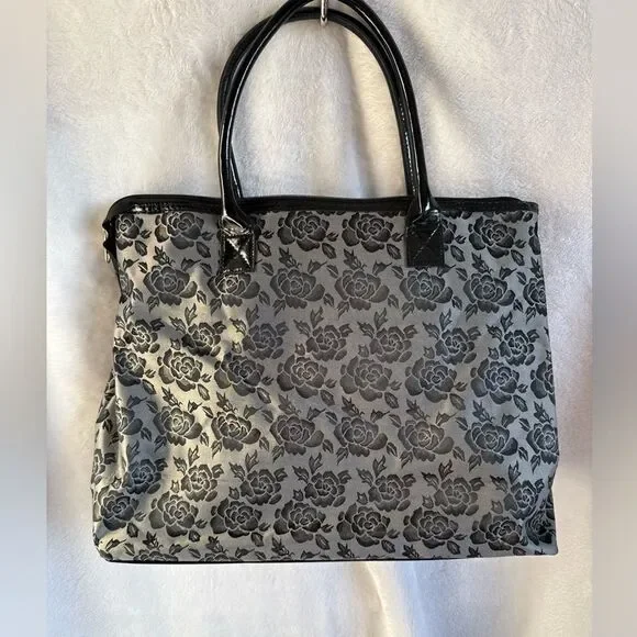 Floral Black and Gray Tote Bag with Detachable Pouch