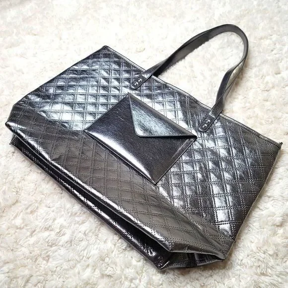 B&BW Large Quilted Metallic Silver Shopper Tote