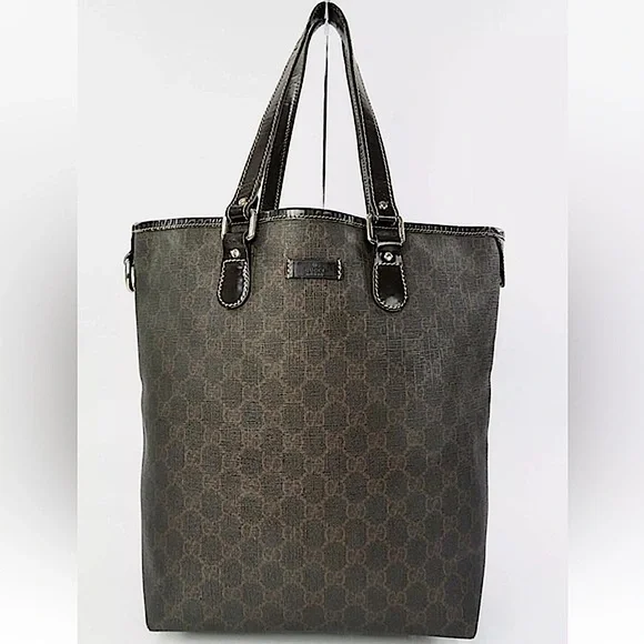Gucci Supreme pvc coated canvas and leather tote bag deep brown